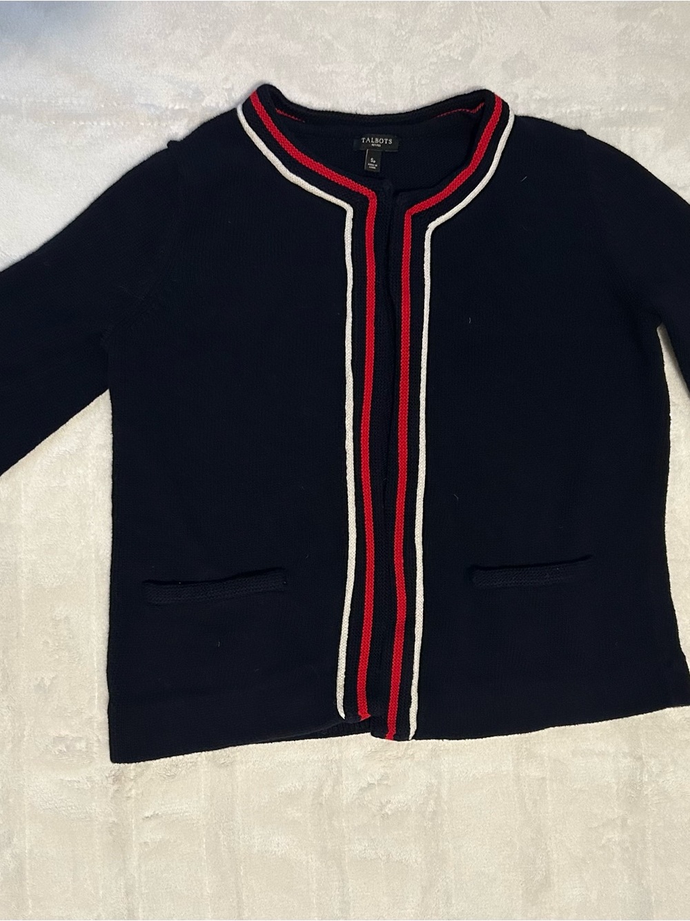 Talbots Navy Open-Front Cardigan with Red and White Trim - Picture 6 of 6